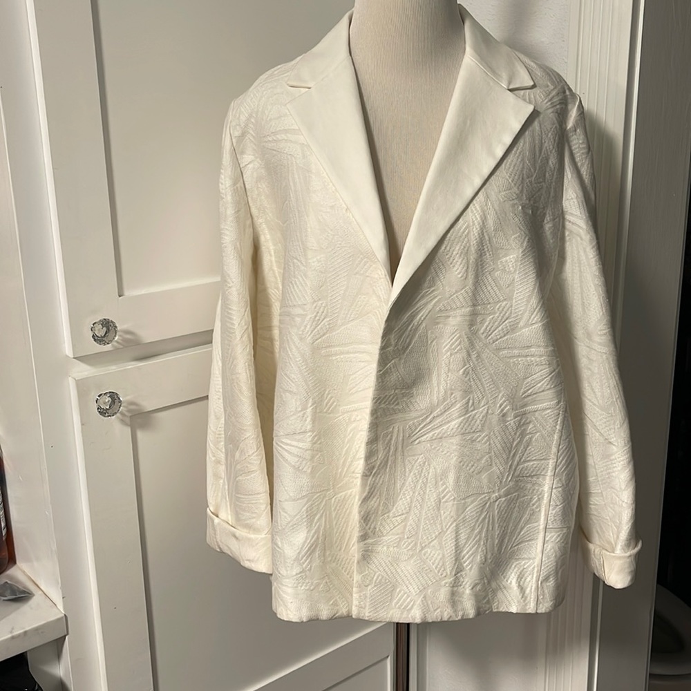 Lafayette 148 NY Floral Geometric Silk & Cotton swing Blazer jacket Large Ivory